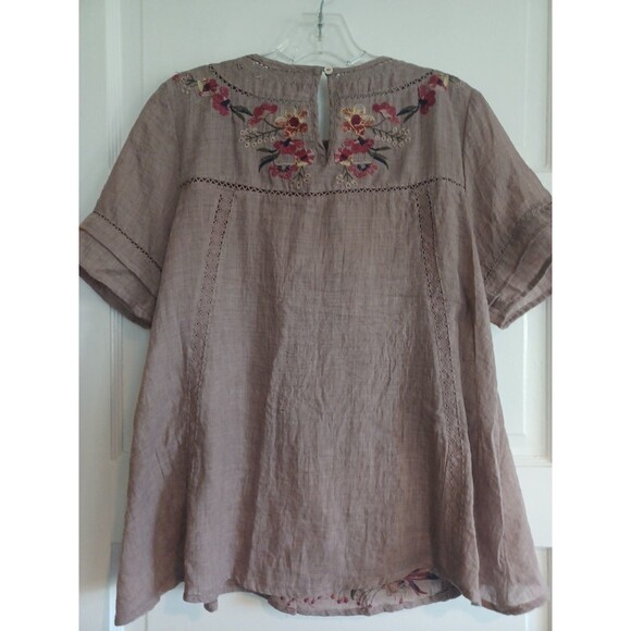 Umgee floral embroidered boho blouse S mocha brown lace trim peasant hippie - Picture 7 of 10